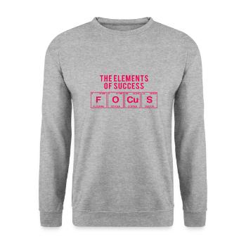 Lustiger Spruch: FOCUS - The Elements of Succes - Unisex Pullover - Weißgrau meliert - Vorne - Alina (178cm) & Michal (187cm)