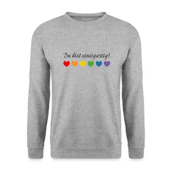 Regenbogenherzchen du bist einzigartig - Unisex Pullover - Weißgrau meliert - Vorne - Alina (178cm) & Michal (187cm)