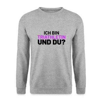 ich bin triathletin und du - Unisex Pullover - Weißgrau meliert - Vorne - Alina (178cm) & Michal (187cm)