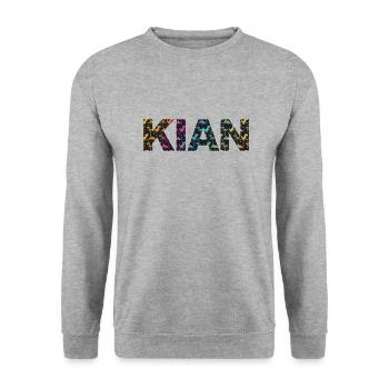 KIAN - Schöner Jungen Name mit Dinosaurier - Unisex Pullover - Weißgrau meliert - Vorne - Alina (178cm) & Michal (187cm)
