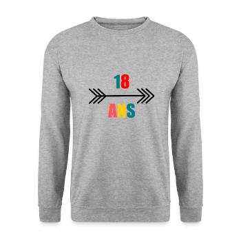18 ANS. 18e ANNIVERSAIRE. ANNIVERSAIRE 18 ANS. 18 - Sweat-shirt Unisexe - gris chiné - Devant - Alina (178cm) & Michal (187cm)