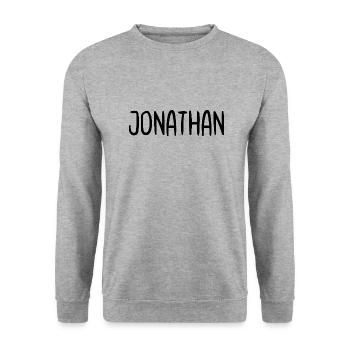 Jonathan Custom Name Schriftart Text Geburtstag - Unisex Pullover - Weißgrau meliert - Vorne - Alina (178cm) & Michal (187cm)