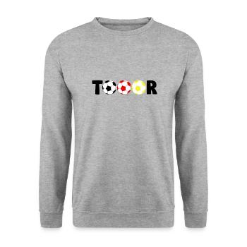 Tooor Deutschland schießt ein Tor im Fußball - Unisex Pullover - Weißgrau meliert - Vorne - Alina (178cm) & Michal (187cm)