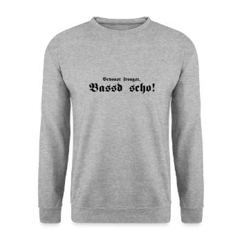 Bevoast froagst, Bassd scho, 1fb - Unisex Pullover - Weißgrau meliert - Vorne - Alina (178cm) & Michal (187cm)