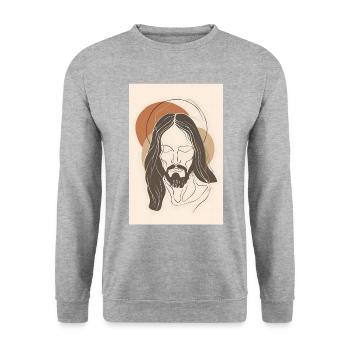 Minimalistische Einfache Linie Jesus Wandkunst, - Unisex Pullover - Weißgrau meliert - Vorne - Alina (178cm) & Michal (187cm)