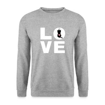 Amour - chat noir avec un coeur - Sweat-shirt Unisexe - gris chiné - Devant - Alina (178cm) & Michal (187cm)