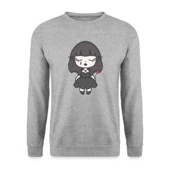 Gothic Puppe mit roter Rose - Unisex Pullover - Weißgrau meliert - Vorne - Alina (178cm) & Michal (187cm)