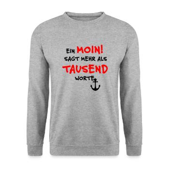 Ein MOIN sagt mehr als TAUSEND Worte - Unisex Pullover - Weißgrau meliert - Vorne - Alina (178cm) & Michal (187cm)