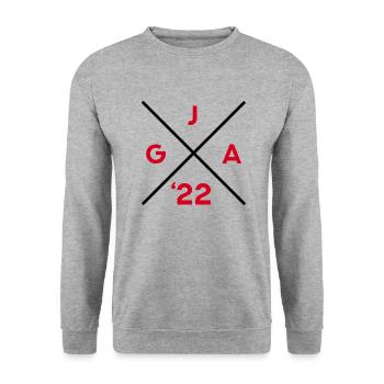 JGA 2022 - Junggesellenabschied Hochzeit Bräutigam - Unisex Pullover - Weißgrau meliert - Vorne - Alina (178cm) & Michal (187cm)