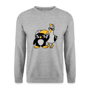 Möwe Pinguin 2 Freunde - Unisex Pullover - Weißgrau meliert - Vorne - Alina (178cm) & Michal (187cm)