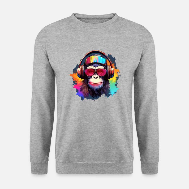 Cooler Affe mit Kopfhörer & Sonnenbrille - Unisex Pullover - Weißgrau meliert