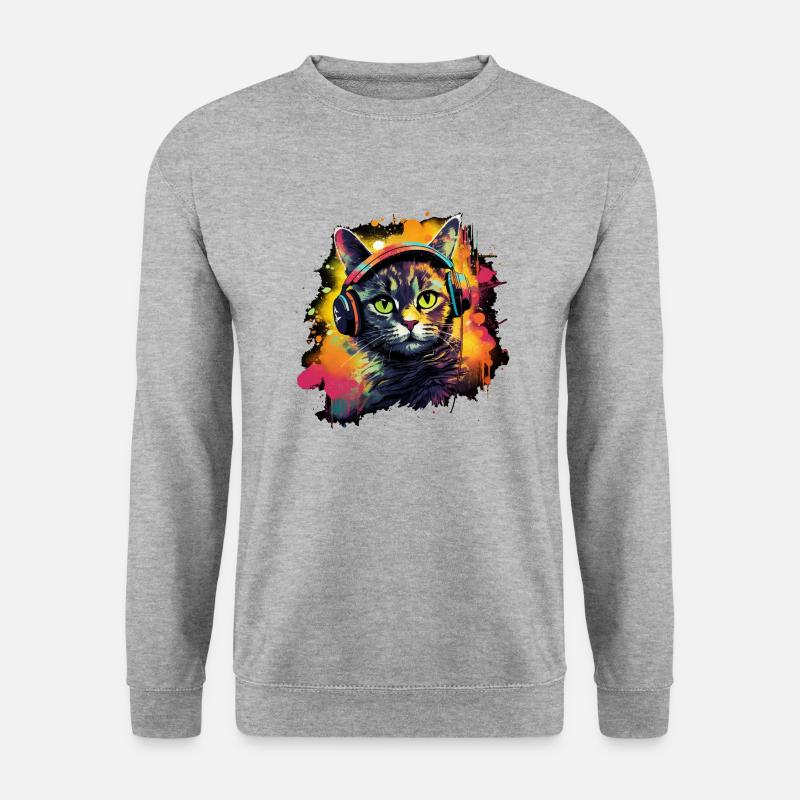 Katzen Design mit Kopfhörer für Katzen und Musik - Unisex Pullover - Weißgrau meliert