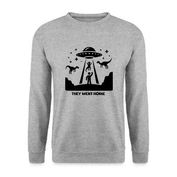 UFO-Dinosaurier - Unisex Pullover - Weißgrau meliert - Vorne - Alina (178cm) & Michal (187cm)