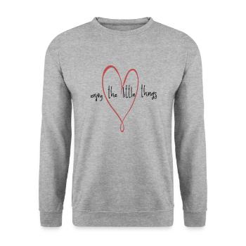 genieße die kleinen Dinge im Leben, Herz, Spruch - Unisex Pullover - Weißgrau meliert - Vorne - Alina (178cm) & Michal (187cm)