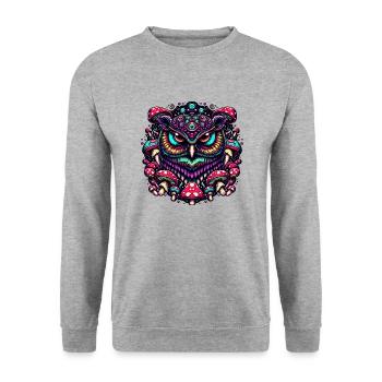 Psychedelische Eule - Unisex Pullover - Weißgrau meliert - Vorne - Alina (178cm) & Michal (187cm)