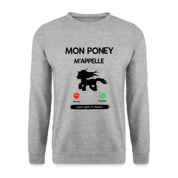 MON PONEY M'APPLLE FAUT QUE J'Y AILLE ! - Sweat-shirt Unisexe - gris chiné - Devant - Alina (178cm) & Michal (187cm)