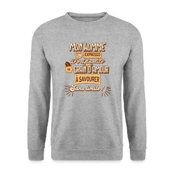 Mon homme, un expresso d'amour. Cadeau Couple - Sweat-shirt Unisexe - gris chiné - Devant - Alina (178cm) & Michal (187cm)