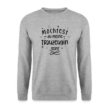 Möchtest du meine Trauzeugin sein? (schwarz) - Unisex Pullover - Weißgrau meliert - Vorne - Alina (178cm) & Michal (187cm)