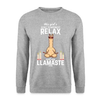 meditierendes Lama entspannt ohne Stress - Unisex Pullover - Weißgrau meliert - Vorne - Alina (178cm) & Michal (187cm)