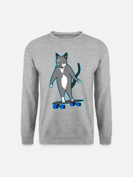 Longboard Katze gelangweilt skatende Katze neon - Unisex Pullover - Weißgrau meliert