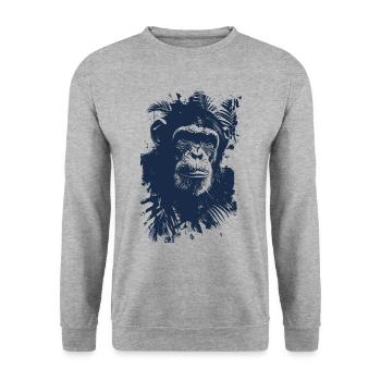 Schimpanse Palmen Blueprint - Unisex Pullover - Weißgrau meliert - Vorne - Alina (178cm) & Michal (187cm)