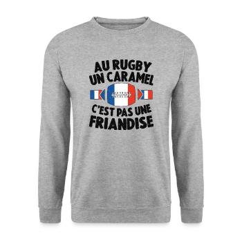 Au Rugby Un Caramel C'est Pas Une Friandise - Sweat-shirt Unisexe - gris chiné - Devant - Alina (178cm) & Michal (187cm)