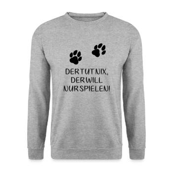 Zwei Pfoten: Der tut nix, der will nur spielen! - Unisex Pullover - Weißgrau meliert - Vorne - Alina (178cm) & Michal (187cm)