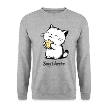 Say Cheese Cat Eats Cheese Please Smile Drawing - Unisex Sweatshirt - salt & pepper - Front - Alina (178cm) & Michal (187cm)