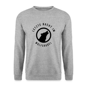 Letzte Nacht im Wolfsrudel | Poltern | JGA | Stag - Unisex Pullover - Weißgrau meliert - Vorne - Alina (178cm) & Michal (187cm)
