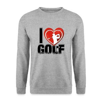 I love Golf - sehr beliebtes Golfmotiv für Golfer - Unisex Pullover - Weißgrau meliert - Vorne - Alina (178cm) & Michal (187cm)