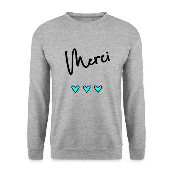 MERCI. THANKS. THANK YOU. ANNIVERSAIRE. NAISSANCE. - Sweat-shirt Unisexe - gris chiné - Devant - Alina (178cm) & Michal (187cm)