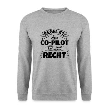 Co-Pilot Geschenke – Hat immer Recht - Unisex Pullover - Weißgrau meliert - Vorne - Alina (178cm) & Michal (187cm)