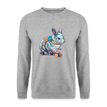 Ein Chinchilla auf einem Longboard am Skaten - Unisex Pullover - Weißgrau meliert - Vorne - Alina (178cm) & Michal (187cm)