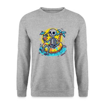 Skelett mit Schwimmreifen – Lustiges Sommerdesign - Unisex Pullover - Weißgrau meliert - Vorne - Alina (178cm) & Michal (187cm)