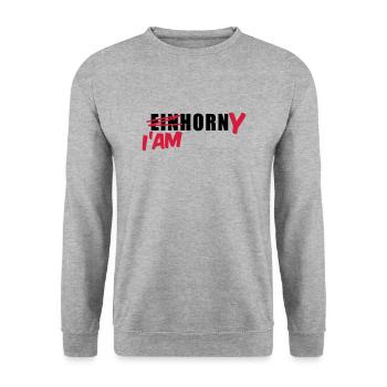 Mallorca T-Shirt Einhorn I'am Horny Shirt - Unisex Pullover - Weißgrau meliert - Vorne - Alina (178cm) & Michal (187cm)