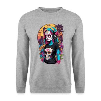 Sugar Skull Girl with Colourful Hair and Cityscape - Unisex Sweatshirt - salt & pepper - Front - Alina (178cm) & Michal (187cm)