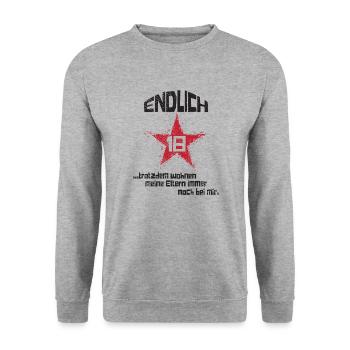 Endlich 18 Eltern wohnen noch bei mir Grunge Look - Unisex Pullover - Weißgrau meliert - Vorne - Alina (178cm) & Michal (187cm)