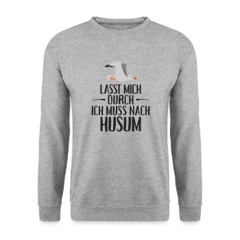 Lasst mich durch ich muss nach Husum Möwe - Unisex Pullover - Weißgrau meliert - Vorne - Alina (178cm) & Michal (187cm)