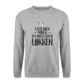 Lasst mich durch nach Løkken Loekken Möwe - Unisex Pullover - Weißgrau meliert - Vorne - Alina (178cm) & Michal (187cm)