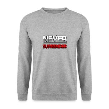 NEVER SURRENDER (Rot) - Gaming - Unisex Pullover - Weißgrau meliert - Vorne - Alina (178cm) & Michal (187cm)