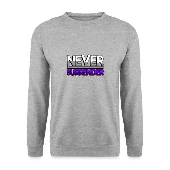 NEVER SURRENDER (Lila) - Gaming - Unisex Pullover - Weißgrau meliert - Vorne - Alina (178cm) & Michal (187cm)