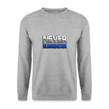 NEVER SURRENDER (Blau) - Gaming - Unisex Pullover - Weißgrau meliert - Vorne - Alina (178cm) & Michal (187cm)