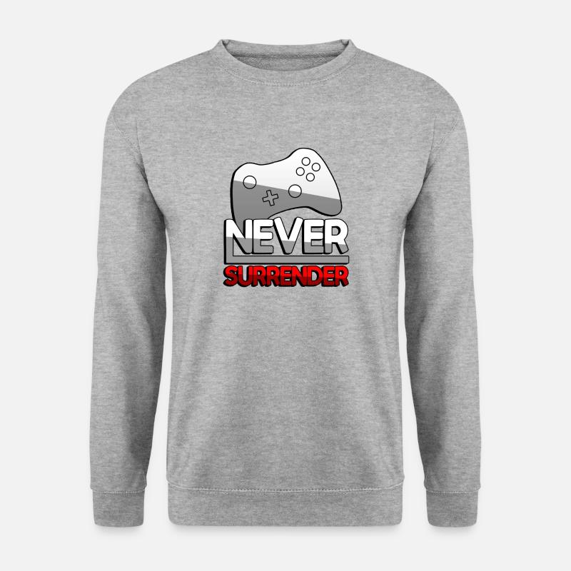 NEVER SURRENDER (Rot) + Controller - Gaming - Unisex Pullover - Weißgrau meliert