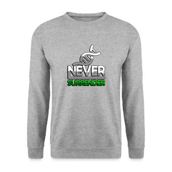NEVER SURRENDER (Grün) + DNA - Gaming - Unisex Pullover - Weißgrau meliert - Vorne - Alina (178cm) & Michal (187cm)