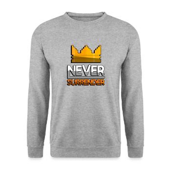 NEVER SURRENDER (Orange) + King Crown - Gaming - Unisex Pullover - Weißgrau meliert - Vorne - Alina (178cm) & Michal (187cm)