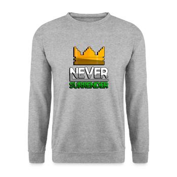 NEVER SURRENDER (Grün) + King Crown - Gaming - Unisex Pullover - Weißgrau meliert - Vorne - Alina (178cm) & Michal (187cm)