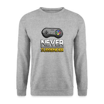NEVER SURRENDER (Gelb) + SNES Controller - Gaming - Unisex Pullover - Weißgrau meliert - Vorne - Alina (178cm) & Michal (187cm)