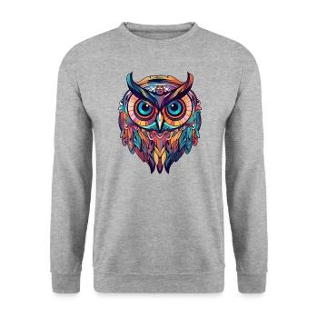 Eule bunt Boho Cartoon Style, geometrisch - Unisex Pullover - Weißgrau meliert - Vorne - Alina (178cm) & Michal (187cm)
