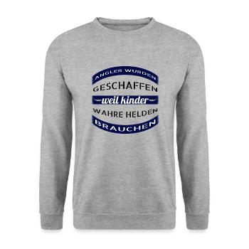 Angler wurden geschaffen weil Kinder wahre Helden - Unisex Pullover - Weißgrau meliert - Vorne - Alina (178cm) & Michal (187cm)