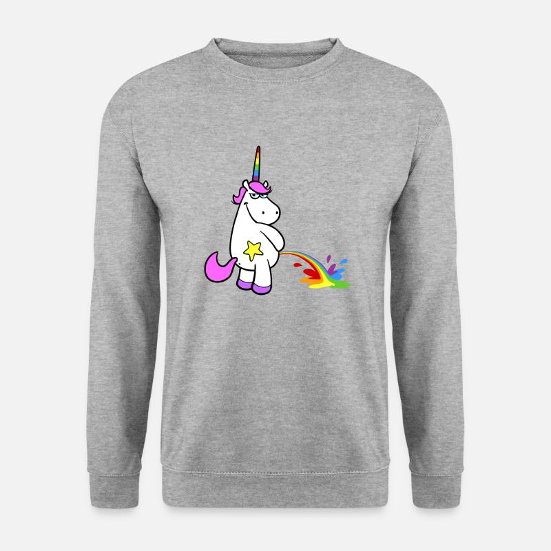Freches Cartoon Einhorn pinkelt stehend Regenbogen - Unisex Pullover - Weißgrau meliert